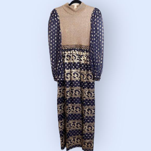 Vintage 1980s Act 2 Blue Gold Mesh Metallic Dress Size 8 Dress - Picture 14 of 14